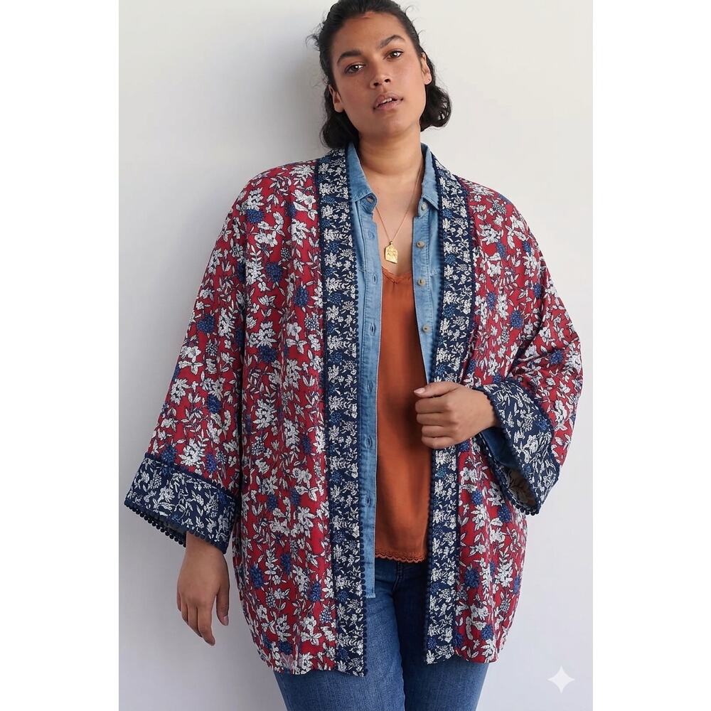 NWT Allison Daley Plus Floral Navy and Red Tassel Trim Boho Duster One Size